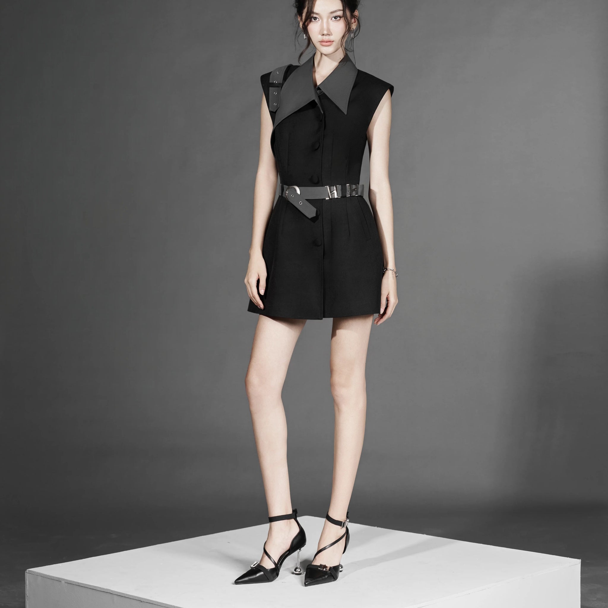 Collar Belt Vest Dress Black and Coffee