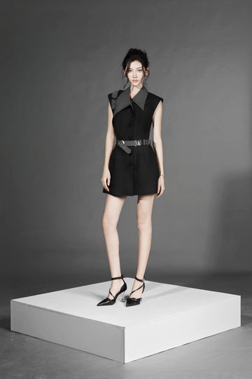 Collar Belt Vest Dress Black and Coffee
