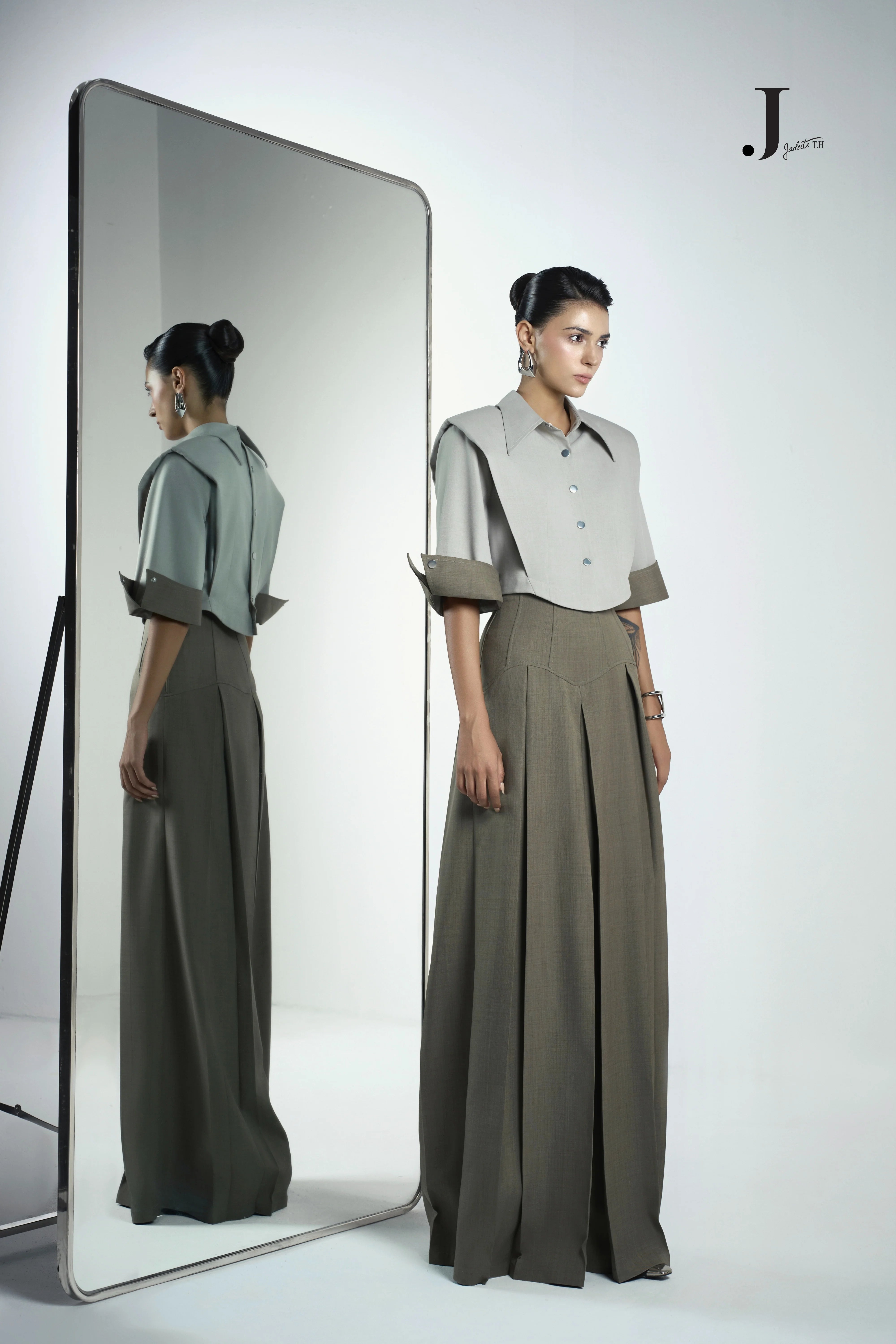 Front & Back Ivory Crop-Shirt & Van Ash Grey Pants
